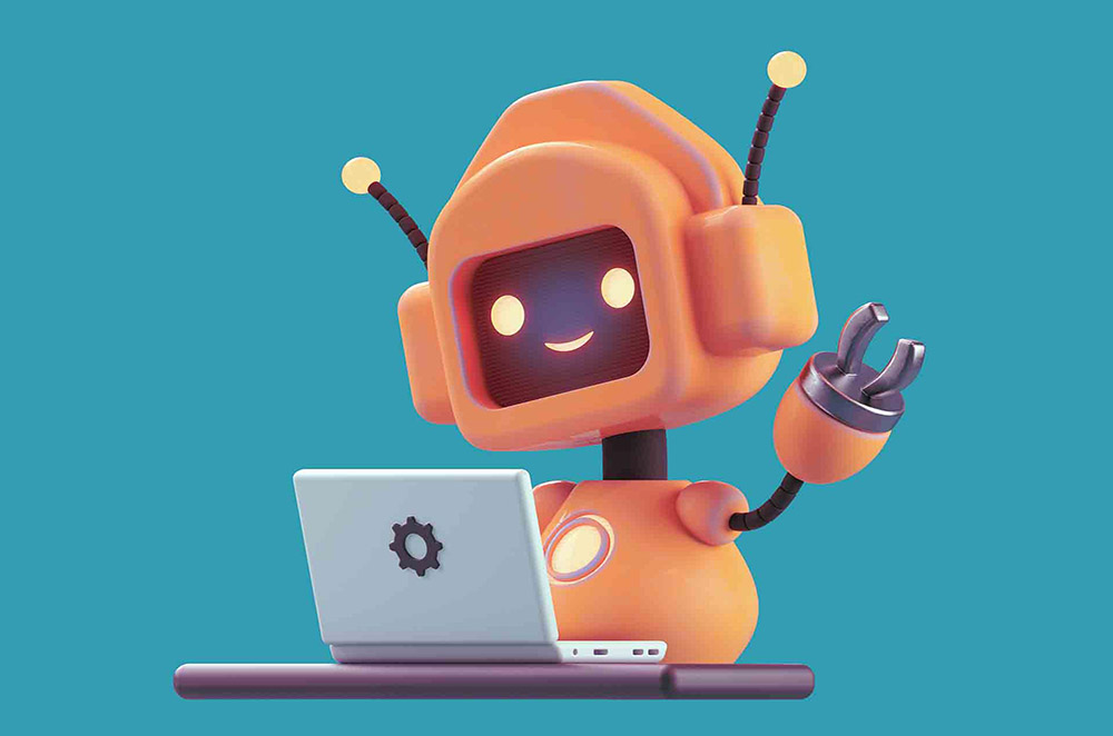 Friendly positive cute cartoon orange robot with smiling face waving its hand. Chatbot greets. Customer support service chat bot. Robot assistant, online consultant. 3d illustration on blue background; Shutterstock ID 1702358245; purchase_order: -; job: -; client: -; other: -